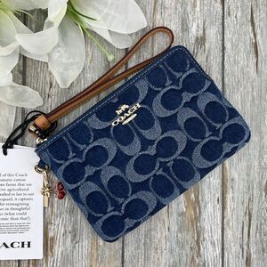Coach Corner Zip Wristlet In Signature Denim Wallet Bag Purse With Cherry Charm